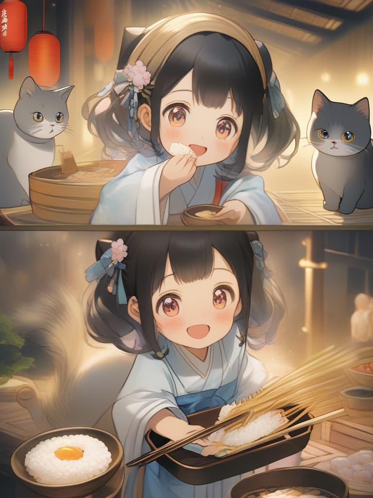  A kappogi is a kind of apron and mainly worn over kimono,Maid in kappo gown,cute,cat ears,delicate black hair color,bobbed hair,Smile,surprised face,surprised,eating rice cake,masterpiece,super delicate,super analysis,super high quality,16K, masterpiece, best quality,8k,ultra detailed,high resolution,an extremely delicate and beautiful,hyper detail