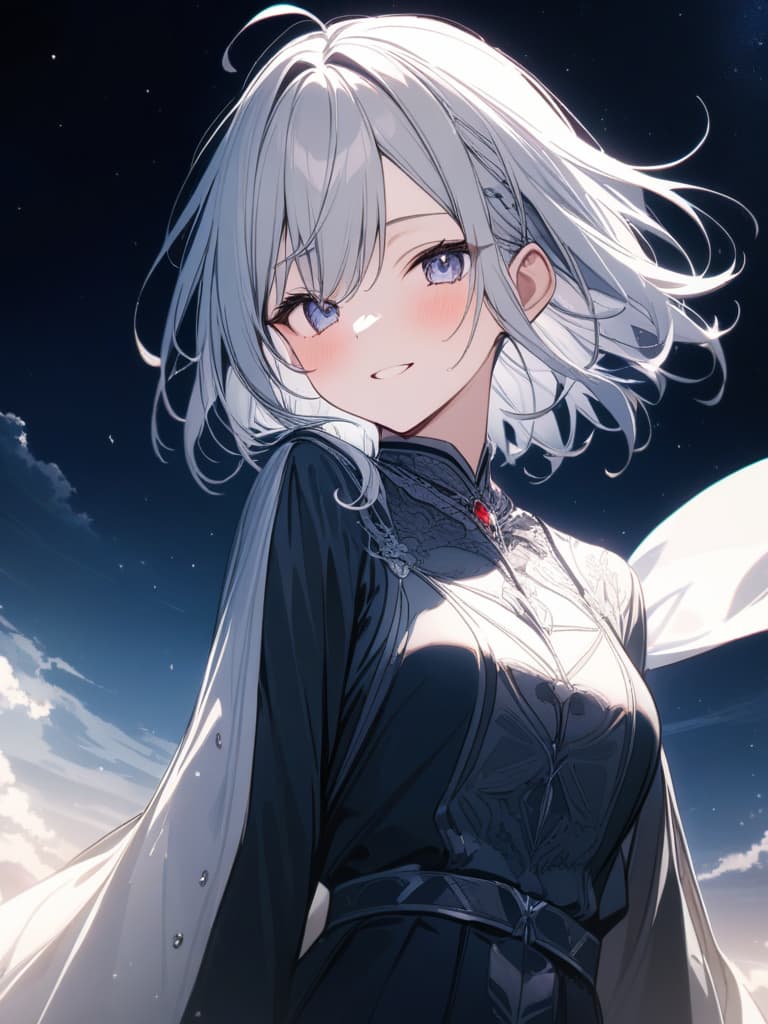  Girls, short hair, night sky, smiles, silver hair, masterpiece, best quality,8k,ultra detailed,high resolution,an extremely delicate and beautiful,hyper detail