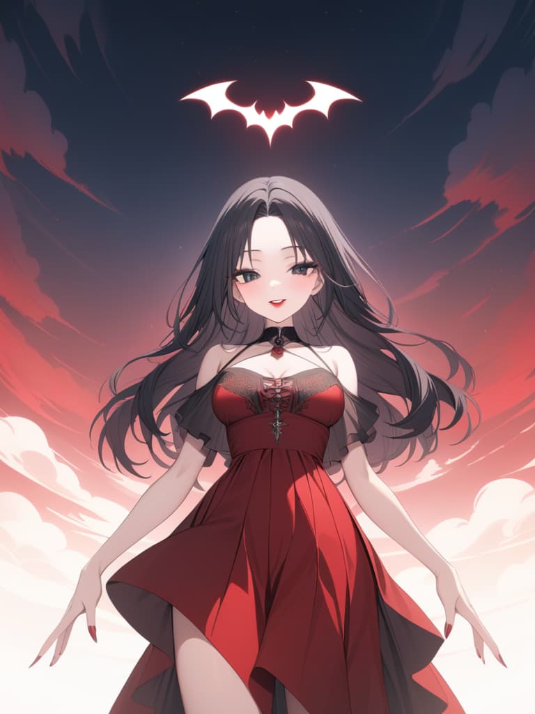  ((Long black hair,parted bangs,forehead,black eyes,long eyes,thin eyes,hanging eyes,double teeth,dark circles,blood,bright red lips,invincible smile,vampires,bats)),(Vampire mant,night sky,moonlight,red moon,red rose),, masterpiece, best quality,8k,ultra detailed,high resolution,an extremely delicate and beautiful,hyper detail hyperrealistic, full body, detailed clothing, highly detailed, cinematic lighting, stunningly beautiful, intricate, sharp focus, f/1. 8, 85mm, (centered image composition), (professionally color graded), ((bright soft diffused light)), volumetric fog, trending on instagram, trending on tumblr, HDR 4K, 8K