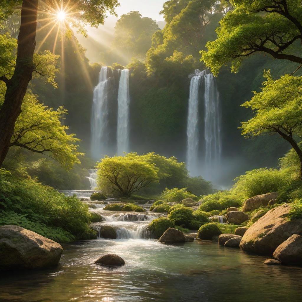  A serene and calming scene with healing energies flowing. The image should include a calm landscape, such as a beautiful natural setting with gentle water flowing, lush green trees, and soft golden sunlight filtering through. Adding some soft glowing energy or light streams in the air to represent the healing energies. The overall feel should be peaceful and uplifting. hyperrealistic, full body, detailed clothing, highly detailed, cinematic lighting, stunningly beautiful, intricate, sharp focus, f/1. 8, 85mm, (centered image composition), (professionally color graded), ((bright soft diffused light)), volumetric fog, trending on instagram, trending on tumblr, HDR 4K, 8K