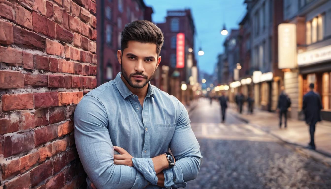  digital illustration, 1man, leaning against a brick wall, arms crossed, casual attire, background of busy city street, people walking by, sense of confidence, stability, determination in eyes, looking at viewer, dynamic pose, (intricate details, masterpiece, best quality)