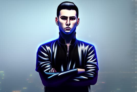 mdjrny-v4 style Anime style portrait of a young man with short, spiky black hair and blue eyes. He is wearing a black jacket over a white shirt, paired with dark jeans and combat boots. The background features an urban cityscape at dusk, illuminated by neon lights. Detailed and expressive, with a confident and determined look.