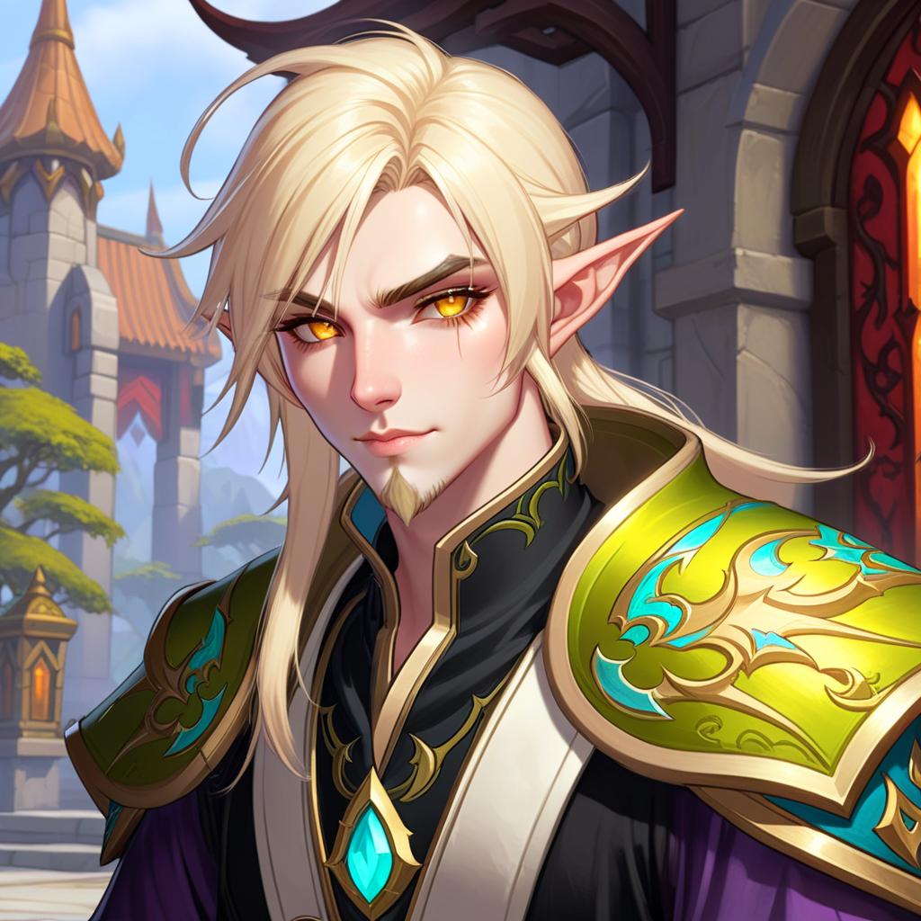  Blood elf male mage from world of warcraft with short side parted pale blonde hair and gold eyes with a chin strap pale blonde beard, square jaw and chin