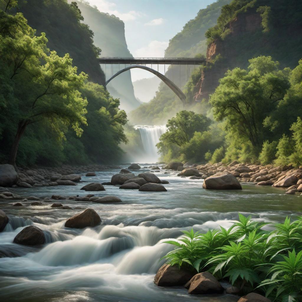  A realistic scene of the Brazos River flowing peacefully with lush green marijuana plants on both banks. Add the text 'Brazos River Bud Company' written in a stylish cursive or elegant font, clearly overlayed in an aesthetically pleasing manner. The overall design should be clean, professional, and natural, highlighting the beauty of the river and the plants. hyperrealistic, full body, detailed clothing, highly detailed, cinematic lighting, stunningly beautiful, intricate, sharp focus, f/1. 8, 85mm, (centered image composition), (professionally color graded), ((bright soft diffused light)), volumetric fog, trending on instagram, trending on tumblr, HDR 4K, 8K