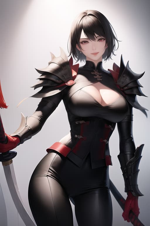  black hair, very very short hair, older sister, mature, white dress shirt, red corset, black leather pants, long katana, from head to thigh, muscular, precise eyes, precise hands, Japanese armor on shoulders and arms, smiling, (Masterpiece, BestQuality:1.3), (ultra detailed:1.2), (hyperrealistic:1.3), (RAW photo:1.2),High detail RAW color photo, professional photograph, (Photorealistic:1.4), (realistic:1.4), ,professional lighting, (japanese), beautiful face, (realistic face)