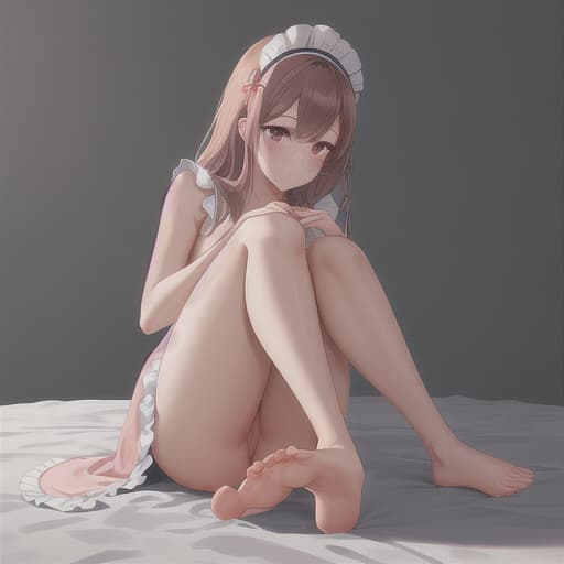  (score 9,score 8 up,score 7 up,),1girl,solo,naked,maid headdress,looking at viewer,apron,brown hair,indoors,pink hair,bare dirty foot,feet focus,two feet hyperrealistic, full body, detailed clothing, highly detailed, cinematic lighting, stunningly beautiful, intricate, sharp focus, f/1. 8, 85mm, (centered image composition), (professionally color graded), ((bright soft diffused light)), volumetric fog, trending on instagram, trending on tumblr, HDR 4K, 8K