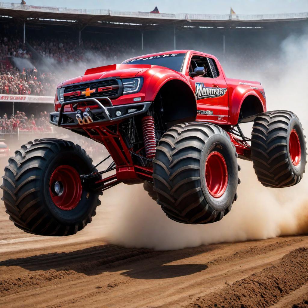  A bright red monster truck with enormous wheels driving over a car with broken wheels. The monster truck should be depicted in action, showcasing its power as it crushes the smaller car beneath it. The background includes a dirt track with spectators cheering, capturing the thrilling and energetic atmosphere of a monster truck show. hyperrealistic, full body, detailed clothing, highly detailed, cinematic lighting, stunningly beautiful, intricate, sharp focus, f/1. 8, 85mm, (centered image composition), (professionally color graded), ((bright soft diffused light)), volumetric fog, trending on instagram, trending on tumblr, HDR 4K, 8K