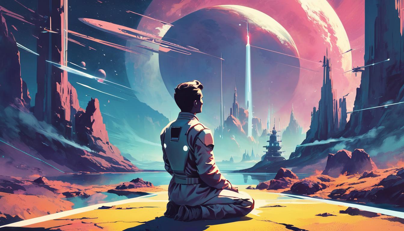  retro futuristic person meditating, subtle energy vibrations, tranquil scene, calming light lvintage sci fi, 50s and 60s style, atomic age, vibrant, highly detailed