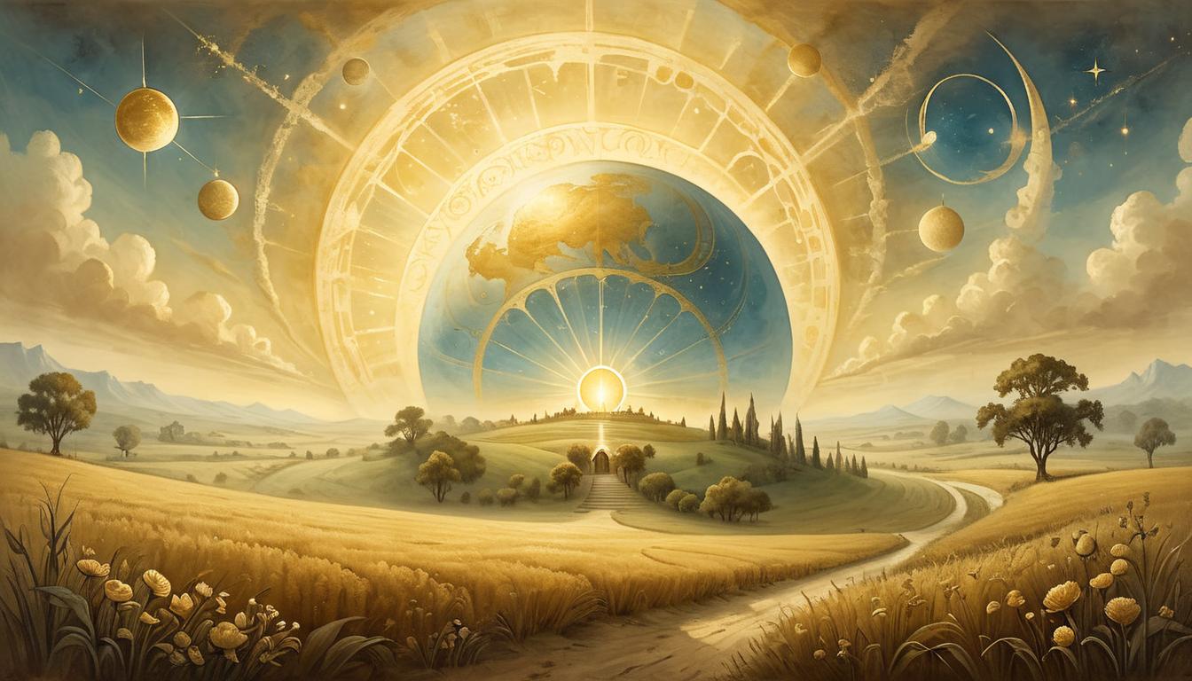  on parchment, surrealism+++, A vast, golden celestial sphere hovering over a serene field, rays of light streaming down, ethereal glow, divine connection, sense of peace and God's presence(mysterious, provocative, symbolic,muted color)+++