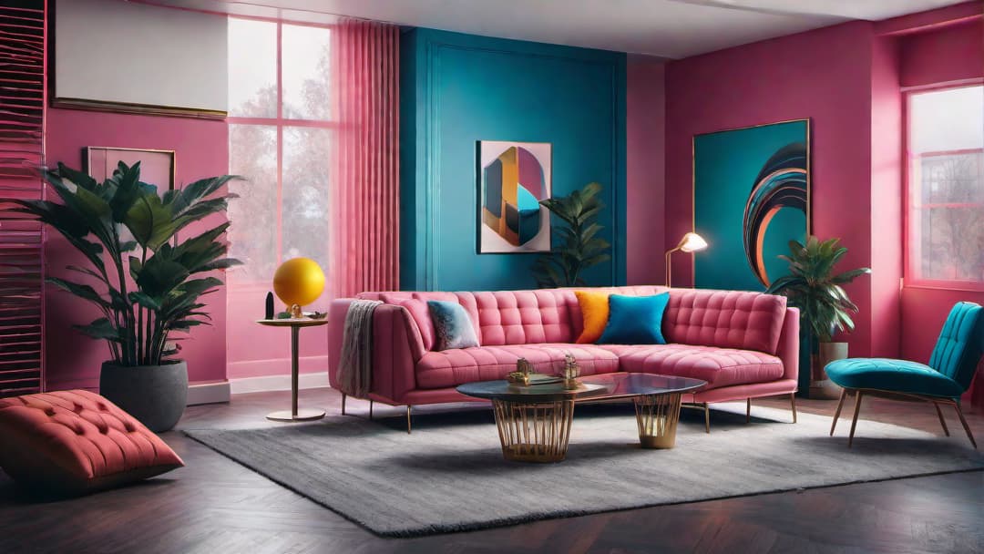  Generate an image of a living room inspired by 80's retro design featuring neon lights, bold colors, geometric patterns, and metallic accents. additional guidelines The image should capture the essence of 80's nostalgia with a mix of vibrant hues like hot pink, electric blue, and acid green. Include elements such as neon signs, chrome furniture, and oversized geometric art pieces to enhance the retro vibes. hyperrealistic, full body, detailed clothing, highly detailed, cinematic lighting, stunningly beautiful, intricate, sharp focus, f/1. 8, 85mm, (centered image composition), (professionally color graded), ((bright soft diffused light)), volumetric fog, trending on instagram, trending on tumblr, HDR 4K, 8K