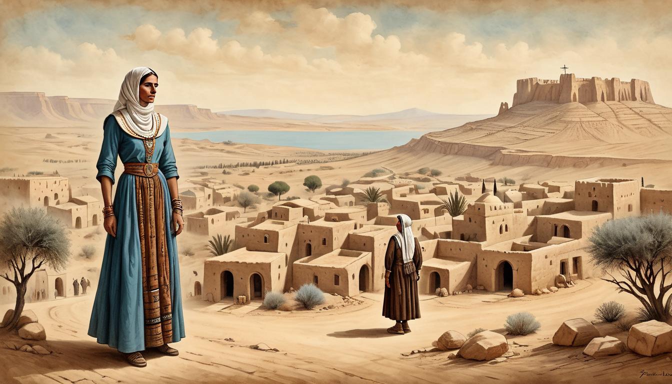  on parchment, surrealism+++, A woman in traditional Moabite dress, distant look, beside an elderly woman in ancient Israelite attire, village in background, sense of past, loyalty, cultural connection(mysterious, provocative, symbolic,muted color)+++