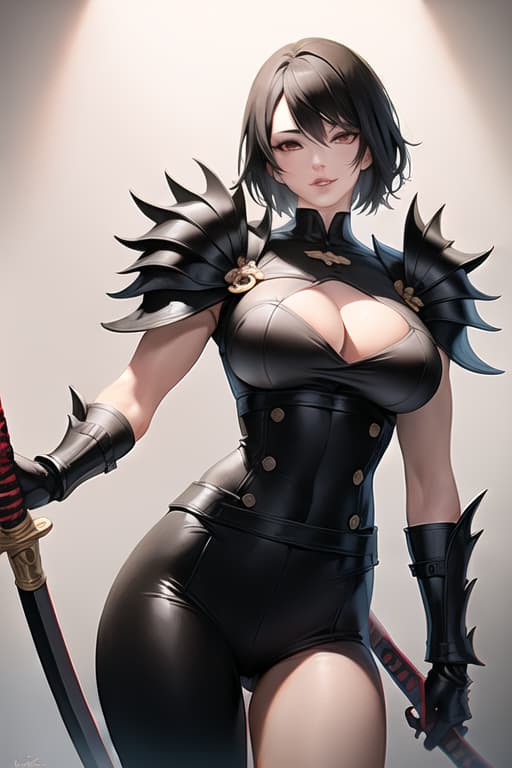  black hair, very very short hair, older sister, mature, white dress shirt, red corset, black leather pants, long katana, from head to thigh, muscular, precise eyes, precise hands, Japanese armor on shoulders and arms, smiling, (Masterpiece, BestQuality:1.3), (ultra detailed:1.2), (hyperrealistic:1.3), (RAW photo:1.2),High detail RAW color photo, professional photograph, (Photorealistic:1.4), (realistic:1.4), ,professional lighting, (japanese), beautiful face, (realistic face)