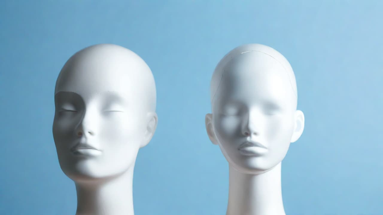  best quality, HD, faceless head of white mannequin on blue background, copy space