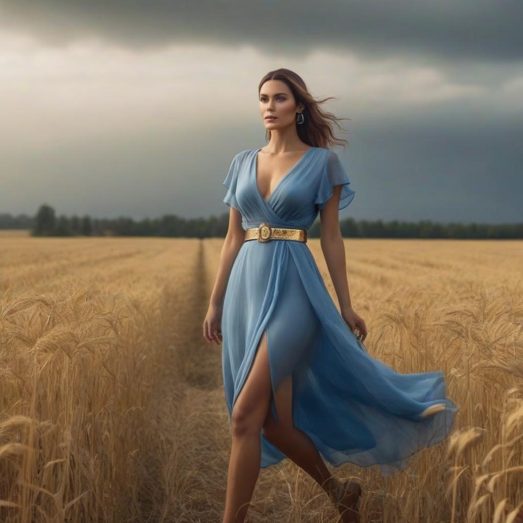  A girl in a blue dress with a golden belt is walking in the field. hyperrealistic, full body, detailed clothing, highly detailed, cinematic lighting, stunningly beautiful, intricate, sharp focus, f/1. 8, 85mm, (centered image composition), (professionally color graded), ((bright soft diffused light)), volumetric fog, trending on instagram, trending on tumblr, HDR 4K, 8K