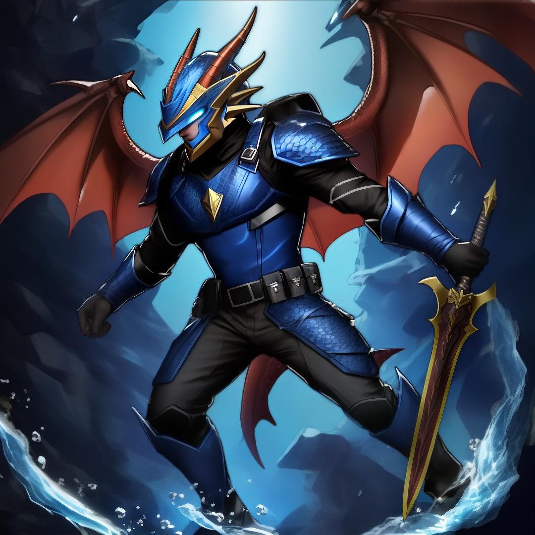  A 17-year old male draconic superhero wearing a dark blue draconic superhero uniform with scales, black pants with a utility belt, boots, a dragon helmet with a visor, large wings on the back, and a holster on the back swinging a sword in front of a dark underwater background., ((best quality)), ((masterpiece)), highly detailed, absurdres, HDR 4K, 8K
