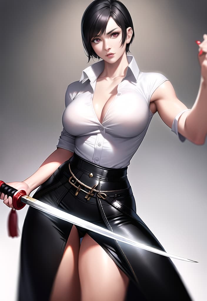  black hair, very short hair, woman, older sister, mature, white dress shirt, red corset, black leather pants, long Japanese sword, muscular, accurate eyes, accurate hands, Japanese armor on shoulders and arms,cowboy shot, (Masterpiece, BestQuality:1.3), (ultra detailed:1.2), (hyperrealistic:1.3), (RAW photo:1.2),High detail RAW color photo, professional photograph, (Photorealistic:1.4), (realistic:1.4), ,professional lighting, (japanese), beautiful face, (realistic face)