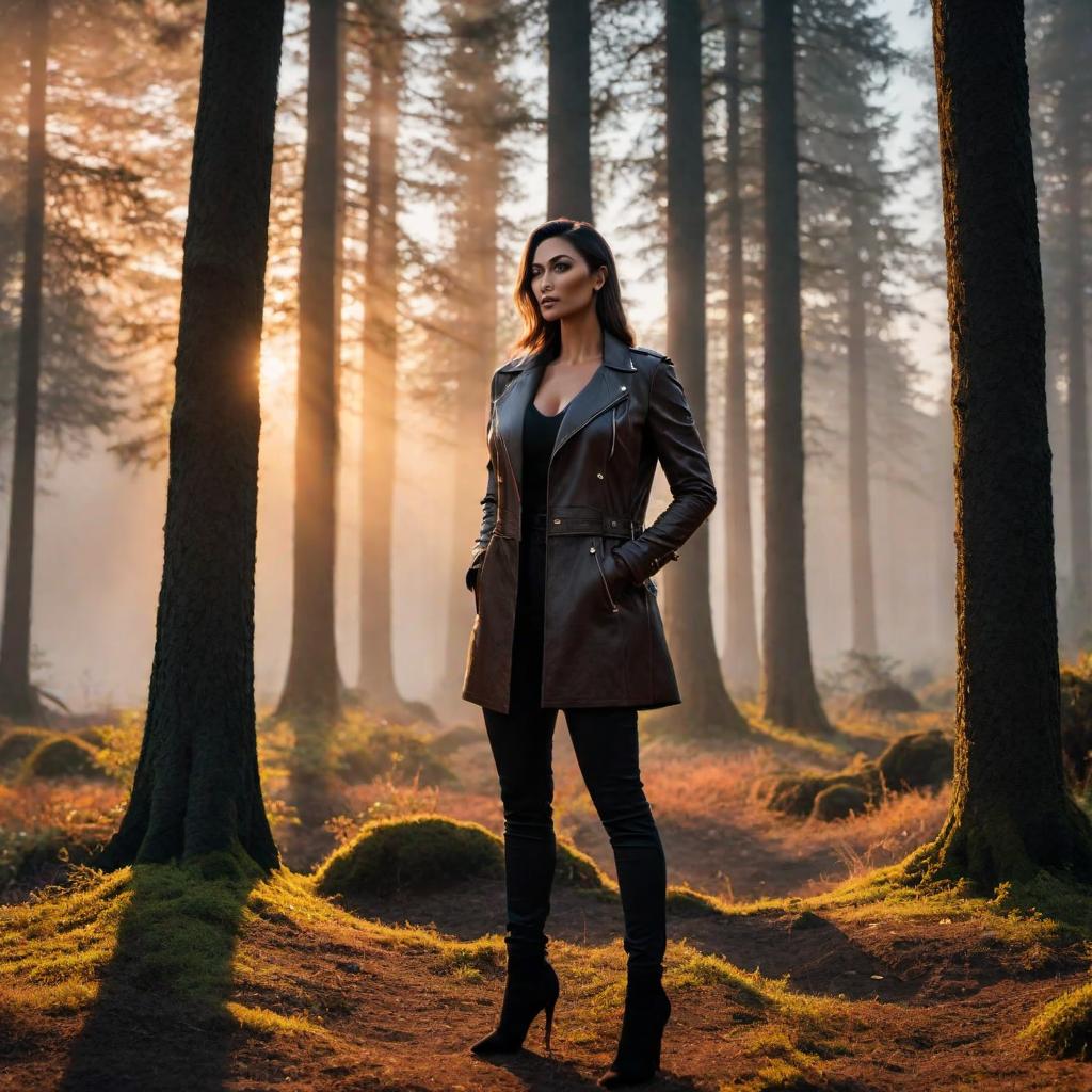  A beautiful sunset with dark trees in the background hyperrealistic, full body, detailed clothing, highly detailed, cinematic lighting, stunningly beautiful, intricate, sharp focus, f/1. 8, 85mm, (centered image composition), (professionally color graded), ((bright soft diffused light)), volumetric fog, trending on instagram, trending on tumblr, HDR 4K, 8K