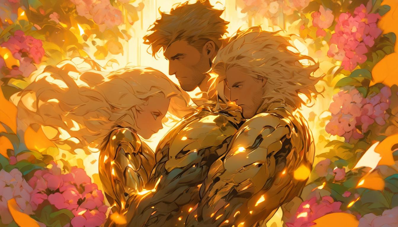  hyperrealism,fantasy aesthetic1man1woman, large busted attractive blonde arian female humanoid and handsome male humanoid, holding hands, golden light emanating from their bodies, surrounded by blooming flowers, vibrant colors, joyful expressions, high tech clothing clad in sleek, futuristic costume with metallic accents and form fitting designs, marvel superhero comics style, unreal engine rendering