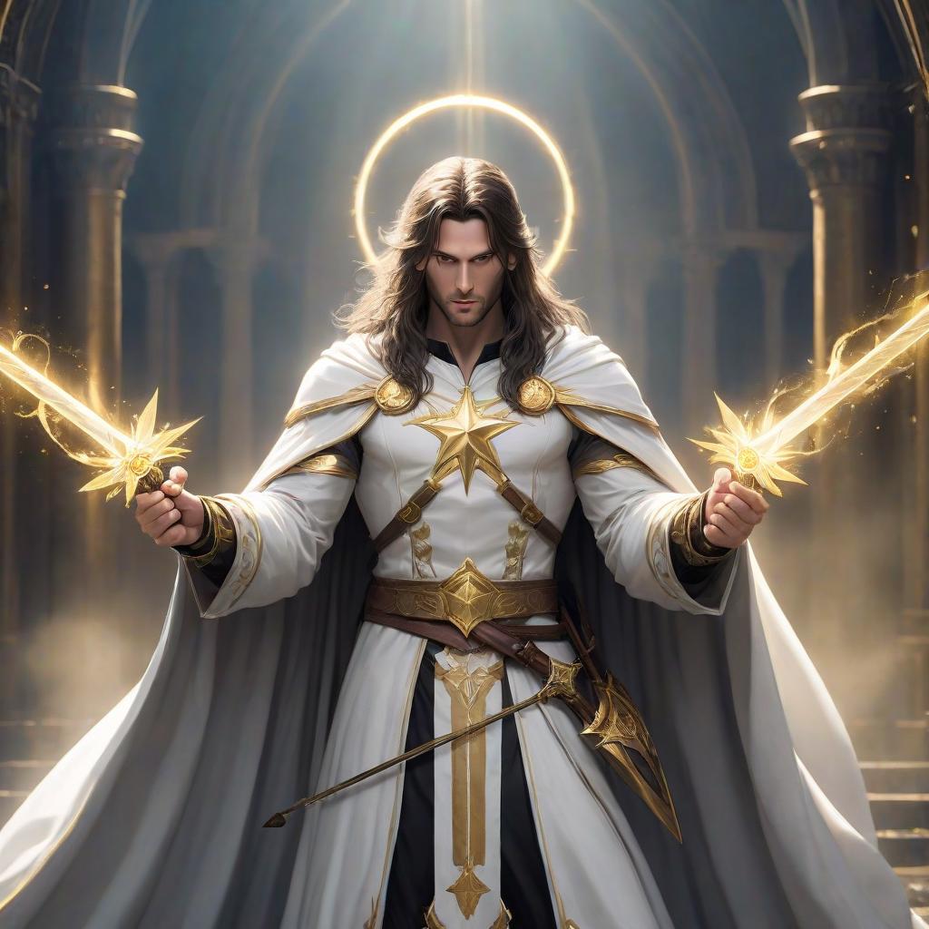  Man, long hair, light clothes white and gold, make only, fantasy, magick, man, a halo with a gold star, full height, a cloak, a large two handed sword with yellow white runes. hyperrealistic, full body, detailed clothing, highly detailed, cinematic lighting, stunningly beautiful, intricate, sharp focus, f/1. 8, 85mm, (centered image composition), (professionally color graded), ((bright soft diffused light)), volumetric fog, trending on instagram, trending on tumblr, HDR 4K, 8K