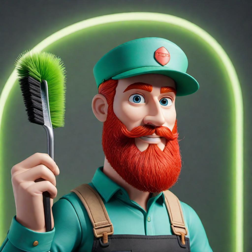  A cartoon-like character with a red beard, wearing a hat, and holding a squeegee over his shoulder. The character should look friendly and cheerful in a modern cartoon style. The title 'Clear View Window Cleaners' should be prominently displayed. The background should include a window and a palm tree. The design should incorporate the colors lime green, green, blue, and black, and should be suitable for a business logo. hyperrealistic, full body, detailed clothing, highly detailed, cinematic lighting, stunningly beautiful, intricate, sharp focus, f/1. 8, 85mm, (centered image composition), (professionally color graded), ((bright soft diffused light)), volumetric fog, trending on instagram, trending on tumblr, HDR 4K, 8K