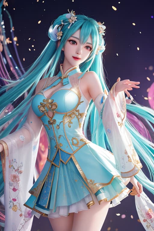  (masterpiece, best quality, highres:1.2), (intricate and beautiful:1.2), (detailed light:1.2), (colorful, dynamic angle), upper body shot, fashion photography of cute, intense long hair, (Hatsune Miku), dancing pose, flirting with POV, dynamic pose, soft moonlight passing through hair, (abstract colorful art background:1.3), (official art), (cinematic) hyperrealistic, full body, detailed clothing, highly detailed, cinematic lighting, stunningly beautiful, intricate, sharp focus, f/1. 8, 85mm, (centered image composition), (professionally color graded), ((bright soft diffused light)), volumetric fog, trending on instagram, trending on tumblr, HDR 4K, 8K