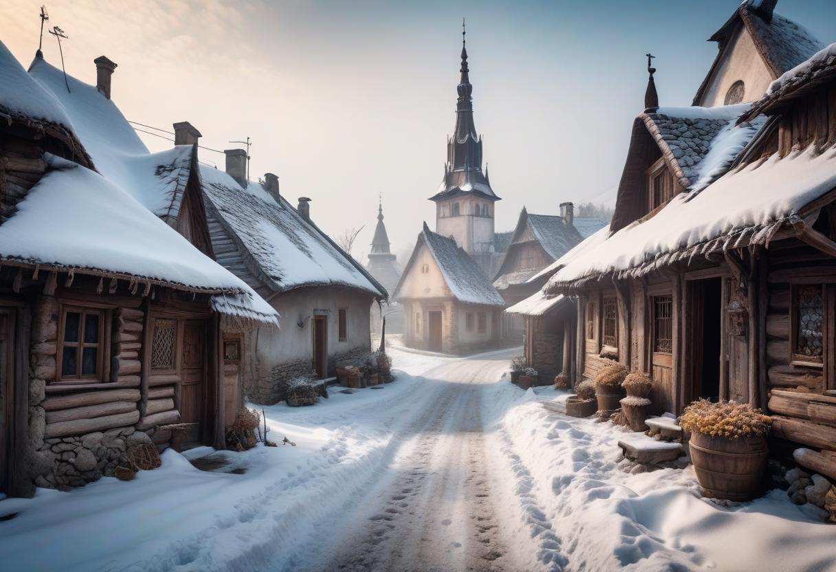  No humans. Small village in Romania in snow. In the style of Jean Baptiste Monge, Gothic old shaky buildings. Garlic. Detailed. Lots of embellishments and small details, Detailed look. soft colors, HDR, 4K hyperrealistic, full body, detailed clothing, highly detailed, cinematic lighting, stunningly beautiful, intricate, sharp focus, f/1. 8, 85mm, (centered image composition), (professionally color graded), ((bright soft diffused light)), volumetric fog, trending on instagram, trending on tumblr, HDR 4K, 8K