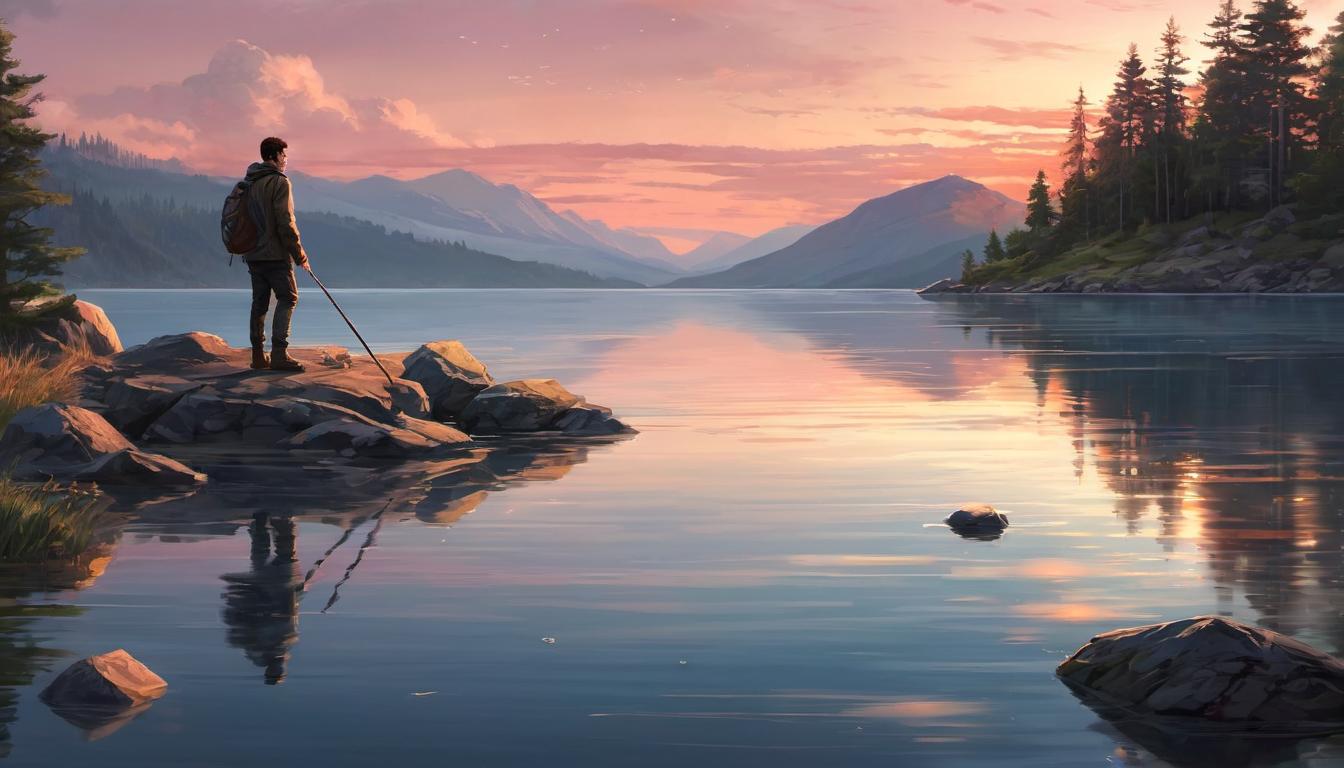  digital illustration, 1man, standing on the edge of a serene lake, skipping a stone across the water, reflective surface, sunset hues, thoughtful, peaceful, contemplating, looking at viewer, dynamic pose, (intricate details, masterpiece, best quality)