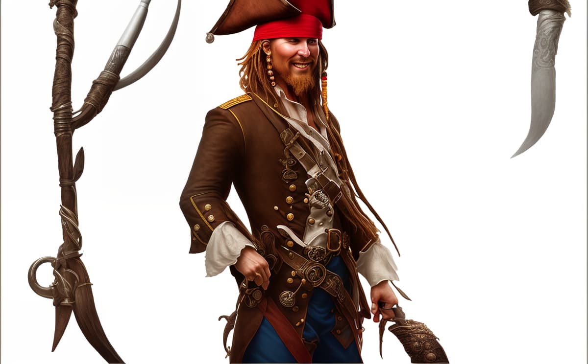 mdjrny-v4 style Transform the uploaded photo of a person into an image of a pirate. Add pirate themed elements such as an eye patch, a tricorn hat, a parrot on the shoulder, a pirate coat, and a background featuring a pirate ship or a treasure island. Ensure the person retains their original facial features while blending seamlessly with the pirate attire and setting. The final image should be vibrant, detailed, and convey a classic pirate look