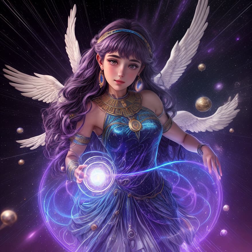  one goddees, 1 character, from sky, from heaven, A hyper realistic opal statue of Greek goddesses of dreams ((Oneiros)) Athena with, peace god, stone skin, a little smile cute and kind, glowing magic circles on background, dream style, Greek stones on background, on the purple magic circle , an Athena temple magic lights falling, two white wings from back of body, three quoter view, French girl face, sharp detailed, purple armed clothes, dark purple hair, Sparkling Golden Particles Trail Stars Glittering particle effect, doing magic with hands, Hyperdetailed photorealism, 108 megapixels, purple amazing depth, an Athena temple, glowing rich colors, powerful imagery, psychedelic, cinematic lighting, Artstation concept art, smooth, sharp focus