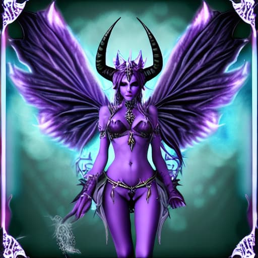  Purple Demon queen with horns and fairy wings in blue flames
