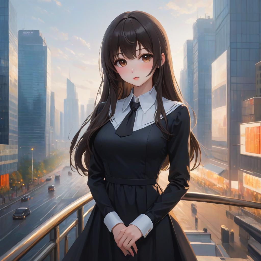  anime artwork beautiful , , oblique bangs, a mole under the lower lip in the middle of the chin. white skinned, European, brown eyes, long brown straight hair, side bangs, mole under the lower lip, slender figure, small neat s, dressed in a black dress with a white collar and white cuffs, full length, against the backdrop of a modern city. Skyscrs of Moscow City (photorealism, oil painting: 1.3), (full length shot: 1.3), charming , long flowing black hair, (large sensual mouth: 1.2), plump lips, sparkling brown eyes , narrow waist, (sensual drawing: 1.2), silvery glow, ethereal aura, detailed brushwork, intricate shadows and highlights, mysterious and captivating expression, unique color palette, masterf hyperrealistic, full body, detailed clothing, highly detailed, cinematic lighting, stunningly beautiful, intricate, sharp focus, f/1. 8, 85mm, (centered image composition), (professionally color graded), ((bright soft diffused light)), volumetric fog, trending on instagram, trending on tumblr, HDR 4K, 8K