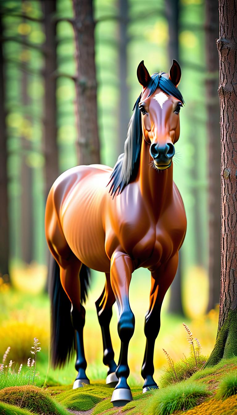  Professional 3D model of A brown horse rises in a wood. . Rendered with Octane, the model is highly detailed,dramatic lighting. hyperrealistic, full body, detailed clothing, highly detailed, cinematic lighting, stunningly beautiful, intricate, sharp focus, f/1. 8, 85mm, (centered image composition), (professionally color graded), ((bright soft diffused light)), volumetric fog, trending on instagram, trending on tumblr, HDR 4K, 8K