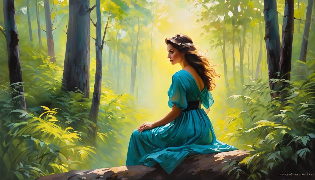  oil paintingAttractive woman in contemplation, subtle glow, forest background, air of mystery(energetic brushwork, bold vibrant colors, expressive, emotional,bold brush, oil stroke, raw, emotional, dynamic, distortion for emotional effect, detailed,beautiful, loose brushwork, light and shadow play, captures feeling over form, balanced color