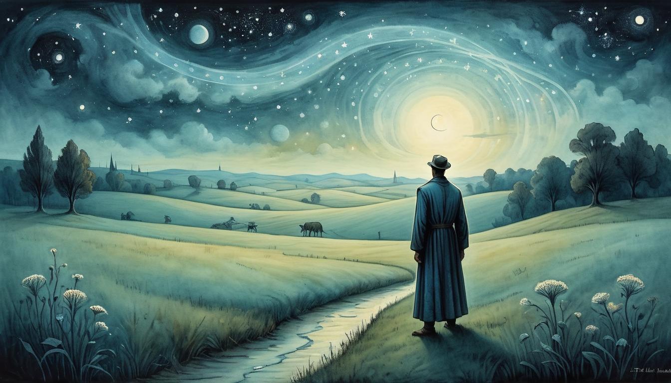  on parchment, surrealism+++, A figure standing in an open field at night, subtle luminescent waves connecting with stars, serene, mystical, ethereal connection(mysterious, provocative, symbolic,muted color)+++