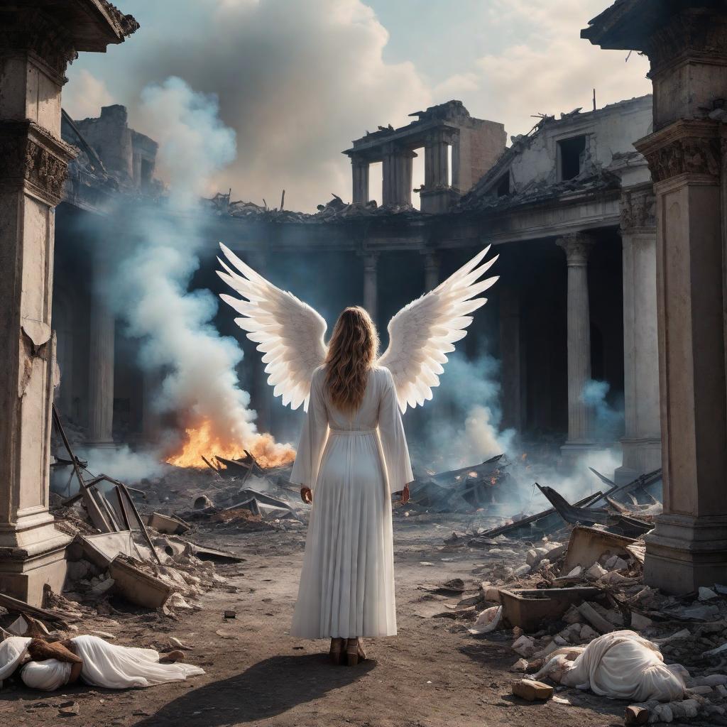  A TikTok video still capturing a heart-wrenching scene where children, injured and harmed by violence, transform into angels rising towards heaven. The background shows a war-torn landscape, with smoke and ruins. The angels are ethereal with glowing auras, looking peaceful despite the chaos below. The text overlay says 'Innocence lost and angels gained 🕊️🌟 Every child's voice, now an echo in heaven. Let's be the change we wish to see in this world. #Peace #StopTheViolence #HeavenlyAngels #Childhood #ViralVideo #PowerfulMessage #EndWarNow'. The visual is emotionally powerful and thought-provoking, aiming to convey a deep, impactful message. hyperrealistic, full body, detailed clothing, highly detailed, cinematic lighting, stunningly beautiful, intricate, sharp focus, f/1. 8, 85mm, (centered image composition), (professionally color graded), ((bright soft diffused light)), volumetric fog, trending on instagram, trending on tumblr, HDR 4K, 8K