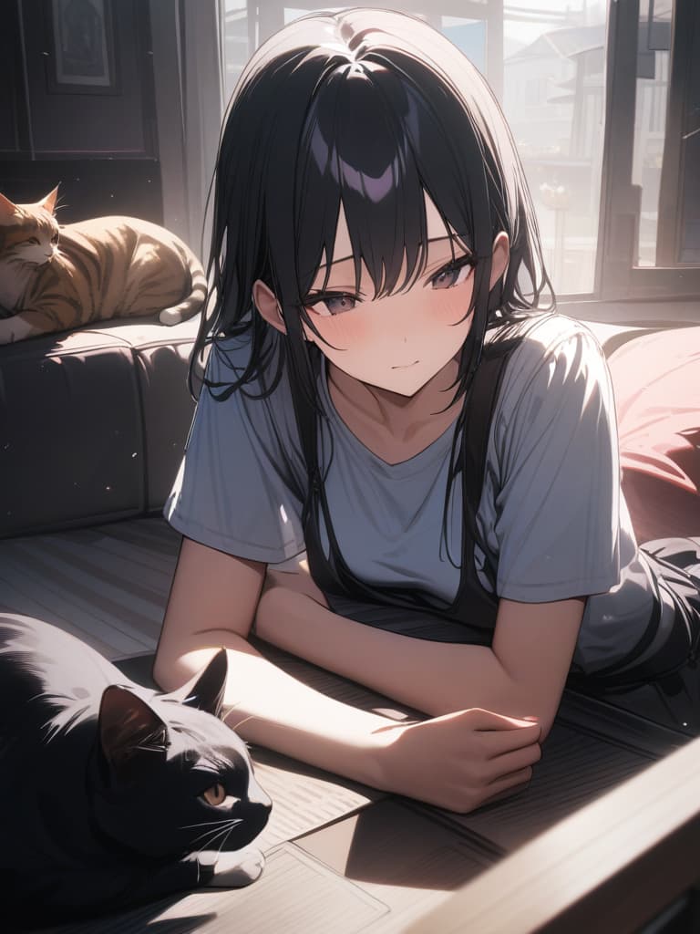  Short black hair, women, cats nearby, indoors, shorter, short sleeves, hot sleeves, hot, masterpiece, best quality,8k,ultra detailed,high resolution,an extremely delicate and beautiful,hyper detail