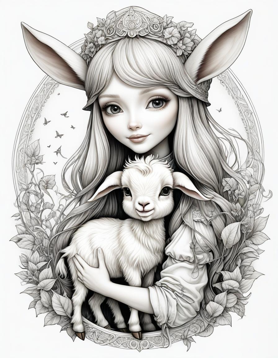  Naoto Hattori, (Wendy Froud), ((coloring style)), sticker, black lines on a white background, {Fairy tale girl in the style of a Tilda doll with long hair, a fashionable cap on her head, in denim overalls, hugging a cute baby goat. Rustic style)) }, drawing with a black marker on a white background, mysticism, fairy tale, fantasy, good detail, good drawing, cartoon style, clear contours, attractiveness, Graciela Rodo Boulanger, Bill Pocket, Bethany Lowe hyperrealistic, full body, detailed clothing, highly detailed, cinematic lighting, stunningly beautiful, intricate, sharp focus, f/1. 8, 85mm, (centered image composition), (professionally color graded), ((bright soft diffused light)), volumetric fog, trending on instagram, trending on tumblr, HDR 4K, 8K