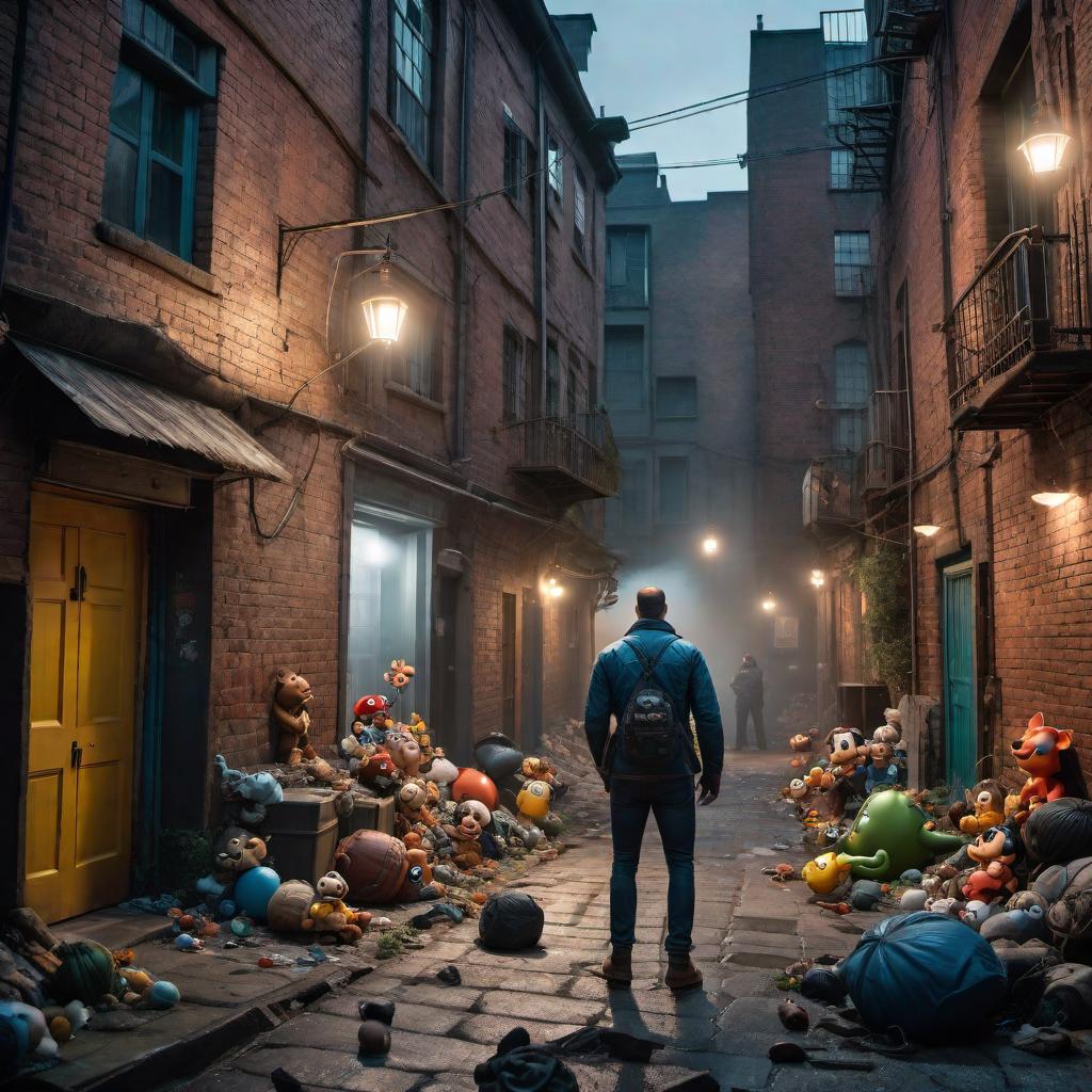  A disheveled, wild-eyed crackhead attacking various well-known cartoon figures in a chaotic, dark alley. The scene is intense and dramatic, with the cartoon figures trying to escape or defend themselves. hyperrealistic, full body, detailed clothing, highly detailed, cinematic lighting, stunningly beautiful, intricate, sharp focus, f/1. 8, 85mm, (centered image composition), (professionally color graded), ((bright soft diffused light)), volumetric fog, trending on instagram, trending on tumblr, HDR 4K, 8K