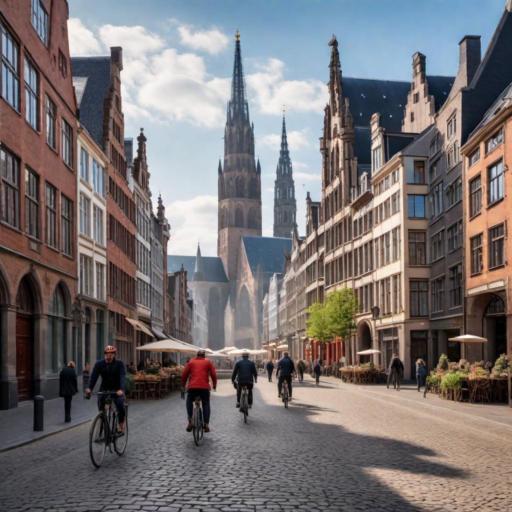  Photo of the city of Antwerp. The image should feature historic architecture, cobblestone streets, and landmarks like the Cathedral of Our Lady. A vibrant street scene with people walking and perhaps some cyclists would add realism. The weather should be pleasant and sunny. hyperrealistic, full body, detailed clothing, highly detailed, cinematic lighting, stunningly beautiful, intricate, sharp focus, f/1. 8, 85mm, (centered image composition), (professionally color graded), ((bright soft diffused light)), volumetric fog, trending on instagram, trending on tumblr, HDR 4K, 8K