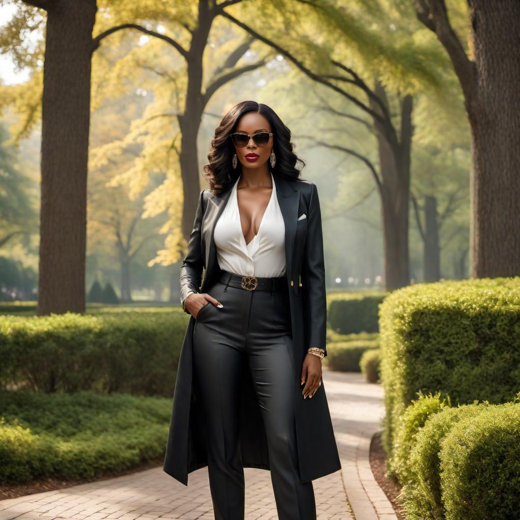  Create an image of a black woman with luxurious designer clothing. She should have black hair and exude sophistication while walking in a park in Atlanta, Georgia. The image should showcase her wearing different designer outfits in individual variations. The image should be captured using a high-resolution 16K camera with a 16:9 aspect ratio, a raw style, and a quality setting of 2. hyperrealistic, full body, detailed clothing, highly detailed, cinematic lighting, stunningly beautiful, intricate, sharp focus, f/1. 8, 85mm, (centered image composition), (professionally color graded), ((bright soft diffused light)), volumetric fog, trending on instagram, trending on tumblr, HDR 4K, 8K