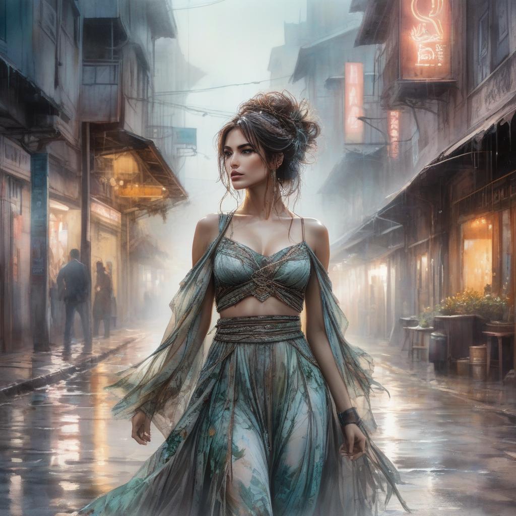  long exposure photo of Запрос by Albert Robida and Alice Pasquini and Luis Royo, watercolour masterpiece, Digital watercolor Illustration Waterhouse, Carne Griffiths, Minjae Lee, Ana Paula Hoppe, Stylized watercolor art, Intricate, Complex contrast, soft Cinematic Volumetric lighting, seasonal colors, perfect wide long shot visual masterpiece . Blurred motion, streaks of light, surreal, dreamy, ghosting effect, highly detailed hyperrealistic, full body, detailed clothing, highly detailed, cinematic lighting, stunningly beautiful, intricate, sharp focus, f/1. 8, 85mm, (centered image composition), (professionally color graded), ((bright soft diffused light)), volumetric fog, trending on instagram, trending on tumblr, HDR 4K, 8K