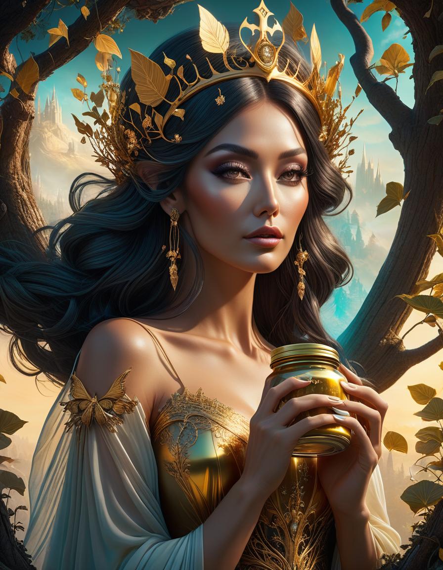  (digital art, masterpiece, difficulty: 1.3), under a tree, locked in a jar, a beautiful fairy queen wearing a small golden crown on her head, inspired by the style of Cyril Rolando (influenced by Beeple and Jeremiah Ketner: 1,2), (inspired by Josan Gonzalez and Dan Mumford): 1.1, surreal and whimsical concept, detailed and thoughtful design of the can, bright and dreamlike colors, fantastic setting, high definition rendering, captivating combination of styles, intricate patterns and textures, unearthly glow, magical atmosphere, fairy tale, fantasy hyperrealistic, full body, detailed clothing, highly detailed, cinematic lighting, stunningly beautiful, intricate, sharp focus, f/1. 8, 85mm, (centered image composition), (professionally color graded), ((bright soft diffused light)), volumetric fog, trending on instagram, trending on tumblr, HDR 4K, 8K