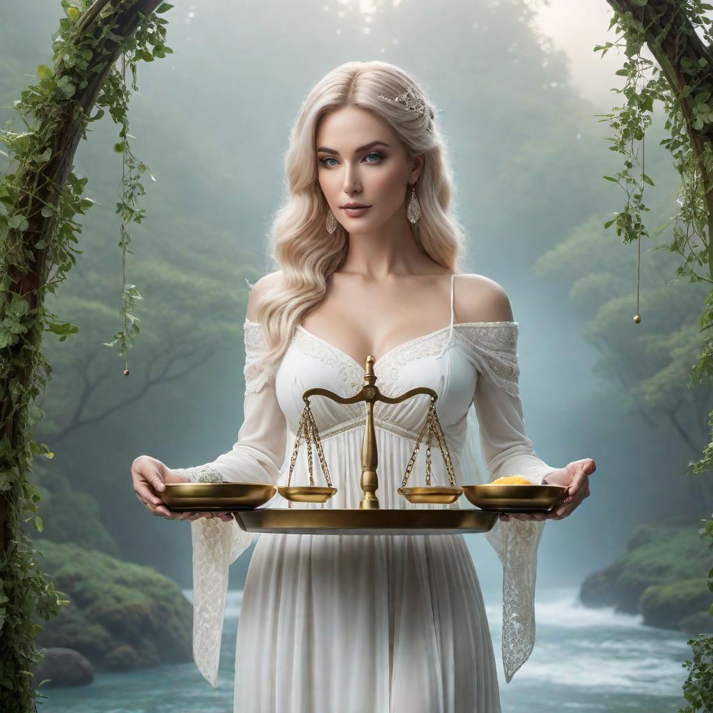  Enchanting white female holding a scale as a symbol of balance in the sign of Libra zodiac, lofi fantasy style. The character should have a harmonious and balanced appearance, with soft, dreamy, and relaxed lofi elements. Include celestial or cosmic background details to create an enchanting atmosphere. hyperrealistic, full body, detailed clothing, highly detailed, cinematic lighting, stunningly beautiful, intricate, sharp focus, f/1. 8, 85mm, (centered image composition), (professionally color graded), ((bright soft diffused light)), volumetric fog, trending on instagram, trending on tumblr, HDR 4K, 8K