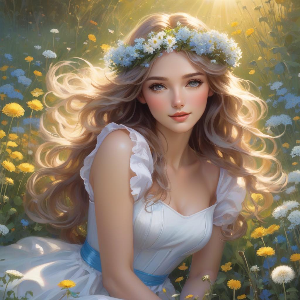  Pop Art style A with a floral crown and flowing hair is amidst a bright field of flowers, sunlight dappling through, creating a serene, magical atmosphere In the style of Daniel F Gerhartz and Morgan Weistling. A young with long, wavy hair adorned with small blue and white flowers blowing on a dandelion in a meadow filled with dandelions and other small flowers. She wears a white dress with puffy sleeves. The scene is ed in soft, warm light, creating a dreamy, ethereal atmosphere. Started from image: . bright colors, bold outlines, popular culture themes, ironic or kitsch hyperrealistic, full body, detailed clothing, highly detailed, cinematic lighting, stunningly beautiful, intricate, sharp focus, f/1. 8, 85mm, (centered image composition), (professionally color graded), ((bright soft diffused light)), volumetric fog, trending on instagram, trending on tumblr, HDR 4K, 8K