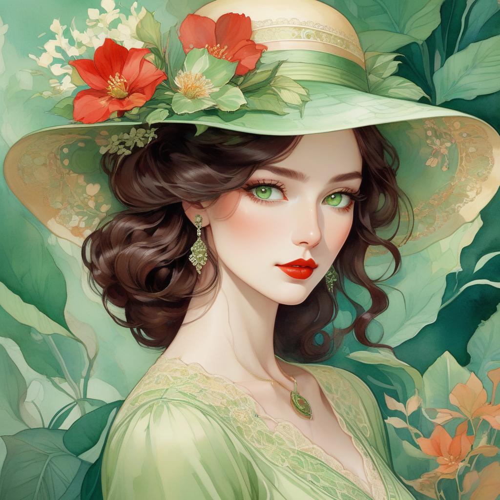  watercolor painting A digital artwork of a woman with green eyes, wavy hair, wearing a broad brimmed hat adorned with a flower, set against a colorful backdrop. Art deco masterpiece by legendary artists that include vlop, Victo Ngai, Annigoni, Milo Manara, Botticelli, Catrin Welz Stein, Jean Metzinger, Gustav Klimt, image of a young woman with a fair complexion and soft facial features. She has charming almond shaped hazel eyes and full lips that add to her serene expression. Her wavy, dark brown hair falls gracefully under a wide brimmed, light green hat decorated with intricate lace patterns and a delicate red flower. The background merges with her form in a dreamy watercolor blend of green, red and hints of yellow, suggesting a mix of fl hyperrealistic, full body, detailed clothing, highly detailed, cinematic lighting, stunningly beautiful, intricate, sharp focus, f/1. 8, 85mm, (centered image composition), (professionally color graded), ((bright soft diffused light)), volumetric fog, trending on instagram, trending on tumblr, HDR 4K, 8K