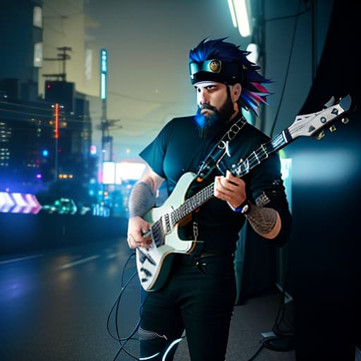  a man with a beard playing a guitar, tesseract, clayton crain, holding electric guitars, scenic full shot, michael pangrazio, muted stage effects, Anime style, Cyberpunk style, neon lights, high quality, sci fi, Manga big eyes expressive faces colorful hair Hayao Miyazaki Masashi Kishimoto Makoto Shinkai CLAMP Yoshiyuki Sadamoto hyperrealistic, full body, detailed clothing, highly detailed, cinematic lighting, stunningly beautiful, intricate, sharp focus, f/1. 8, 85mm, (centered image composition), (professionally color graded), ((bright soft diffused light)), volumetric fog, trending on instagram, trending on tumblr, HDR 4K, 8K