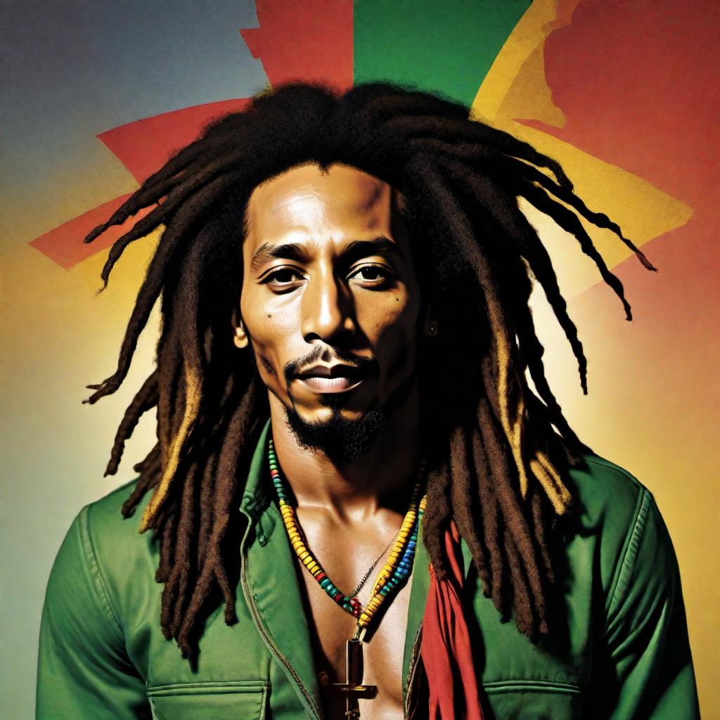  A vibrant, colorful portrait mimicking Bob Marley's iconic look. The image should showcase his distinctive dreadlocks, soulful eyes, and peaceful yet powerful presence. Incorporate elements that reflect his influence on reggae music, such as musical notes, guitars, and Rastafarian symbols. Use a lively color palette featuring greens, yellows, reds, and golds to capture his vibrant and legendary persona. The background should have abstract shapes and patterns that evoke a sense of musical rhythm and freedom. hyperrealistic, full body, detailed clothing, highly detailed, cinematic lighting, stunningly beautiful, intricate, sharp focus, f/1. 8, 85mm, (centered image composition), (professionally color graded), ((bright soft diffused light)), volumetric fog, trending on instagram, trending on tumblr, HDR 4K, 8K