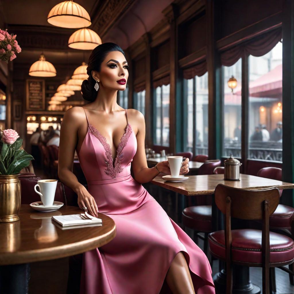  Draw a woman in a pink dress sitting in a quiet cafe. hyperrealistic, full body, detailed clothing, highly detailed, cinematic lighting, stunningly beautiful, intricate, sharp focus, f/1. 8, 85mm, (centered image composition), (professionally color graded), ((bright soft diffused light)), volumetric fog, trending on instagram, trending on tumblr, HDR 4K, 8K