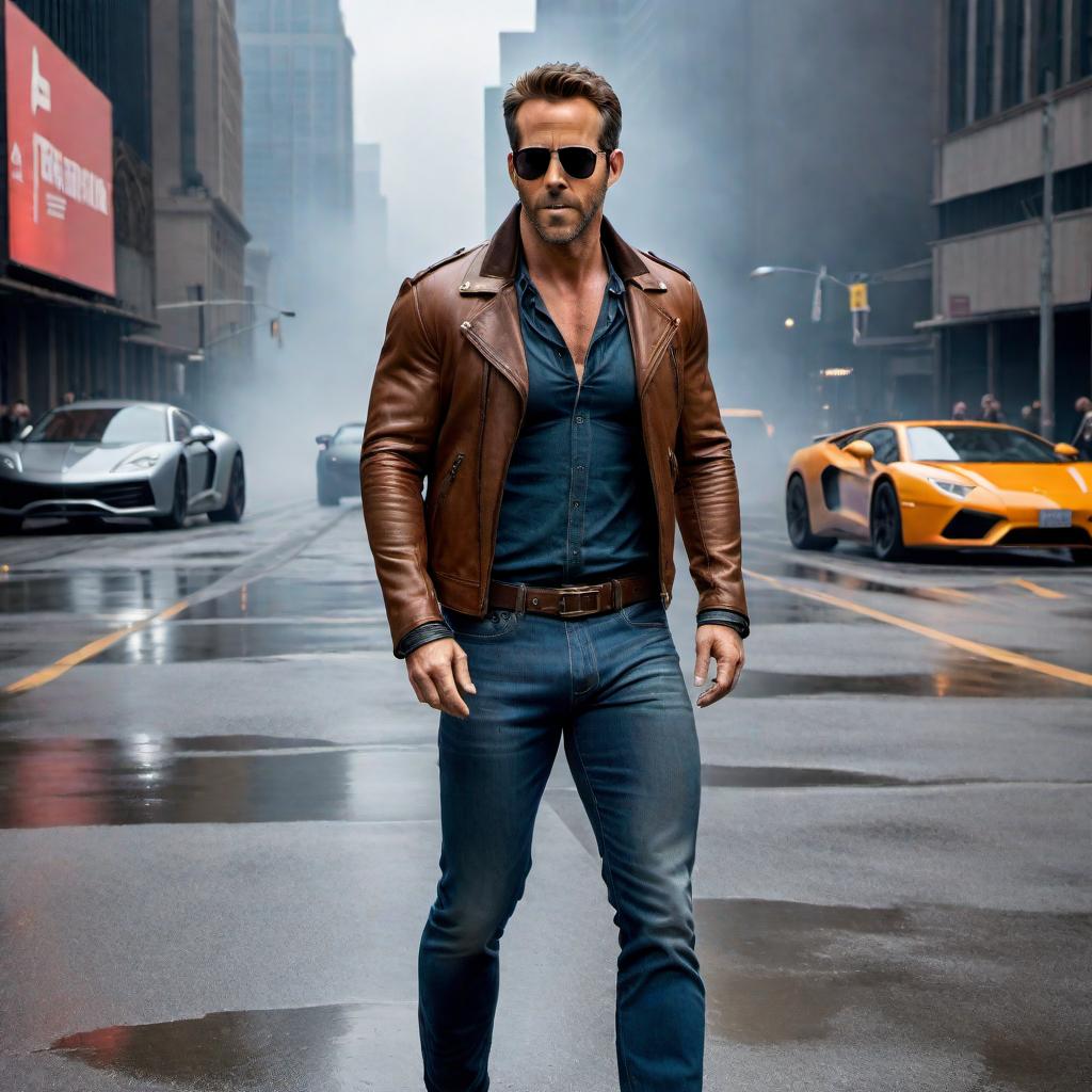  Ryan Reynolds dressed as 'the fall guy,' wearing a rugged stuntman outfit that includes a worn leather jacket, aviator sunglasses, and jeans. He should have a confident and mischievous expression on his face, embodying the essence of a daring stuntman. The background should depict a classic stunt setting with ramps, cars, and action-packed atmosphere. hyperrealistic, full body, detailed clothing, highly detailed, cinematic lighting, stunningly beautiful, intricate, sharp focus, f/1. 8, 85mm, (centered image composition), (professionally color graded), ((bright soft diffused light)), volumetric fog, trending on instagram, trending on tumblr, HDR 4K, 8K