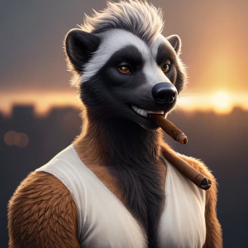  anthro, honey badger, solo, male, adult, a smoking cigar in clenched teeth, no shirt, realistic fur, centered in a white circular background, hyper realism, RAW photo, (realism, photorealistic:1.1), detailed, hi res hyperrealistic, full body, detailed clothing, highly detailed, cinematic lighting, stunningly beautiful, intricate, sharp focus, f/1. 8, 85mm, (centered image composition), (professionally color graded), ((bright soft diffused light)), volumetric fog, trending on instagram, trending on tumblr, HDR 4K, 8K
